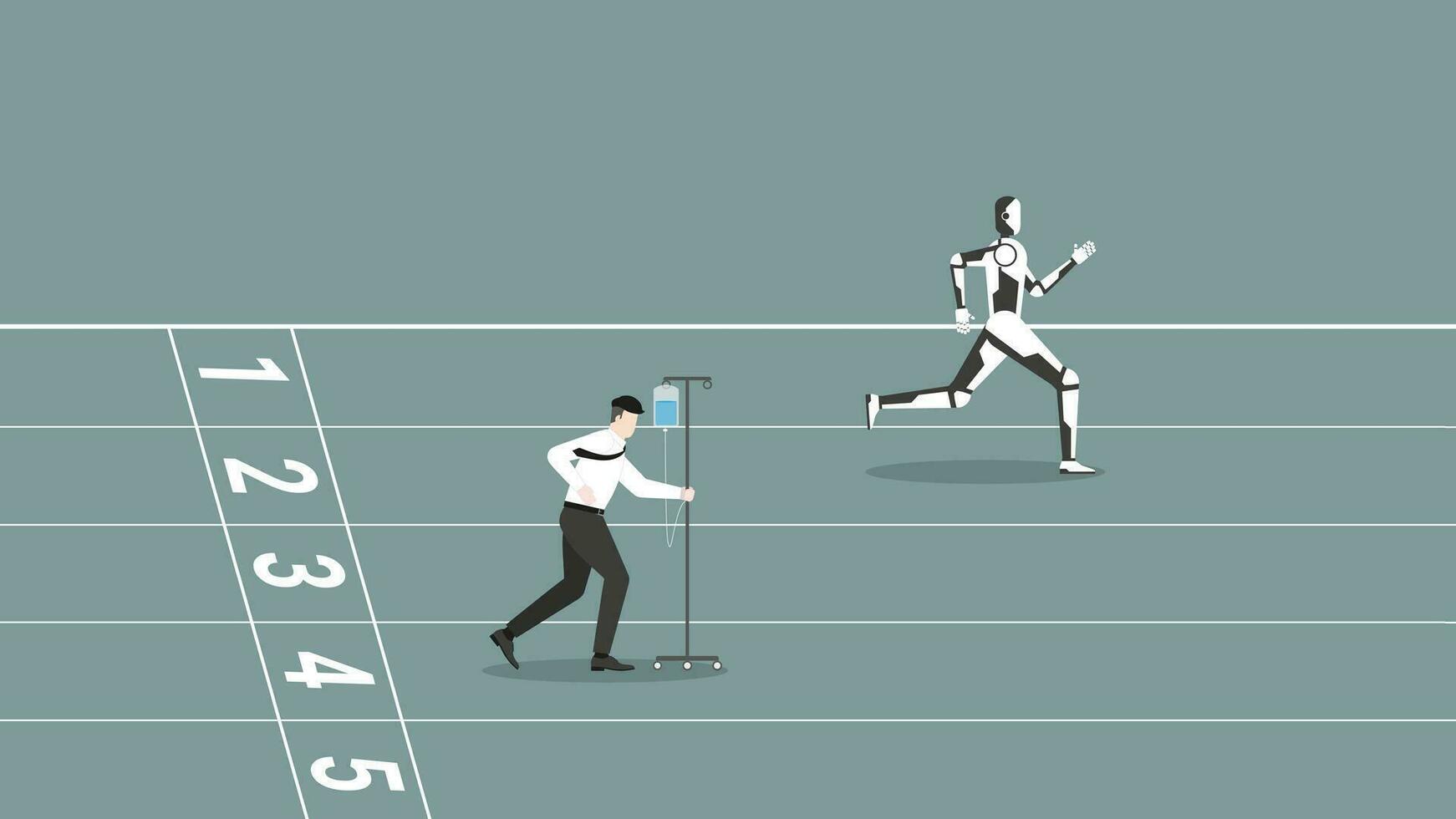 AI vs human battle concept. Businessman and robot run on racetrack vector