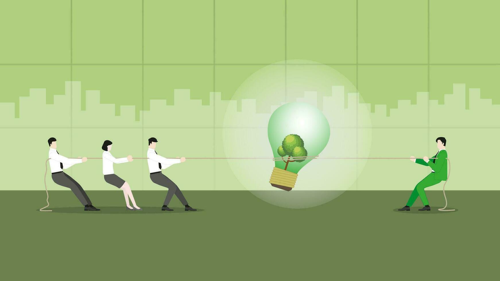 ESG business ideas compete. Pull rope for a tree big lightbulb. vector