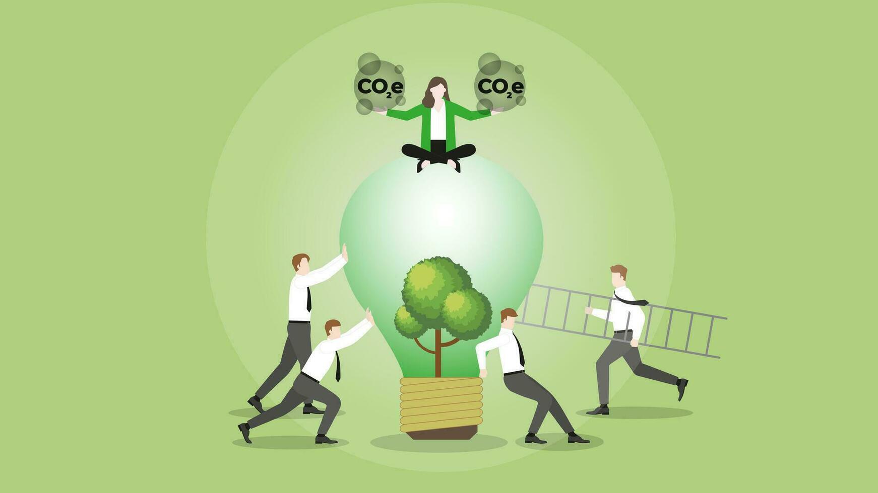 A businessman sits and holds CO2e gas on a tree lightbulb with team support. vector