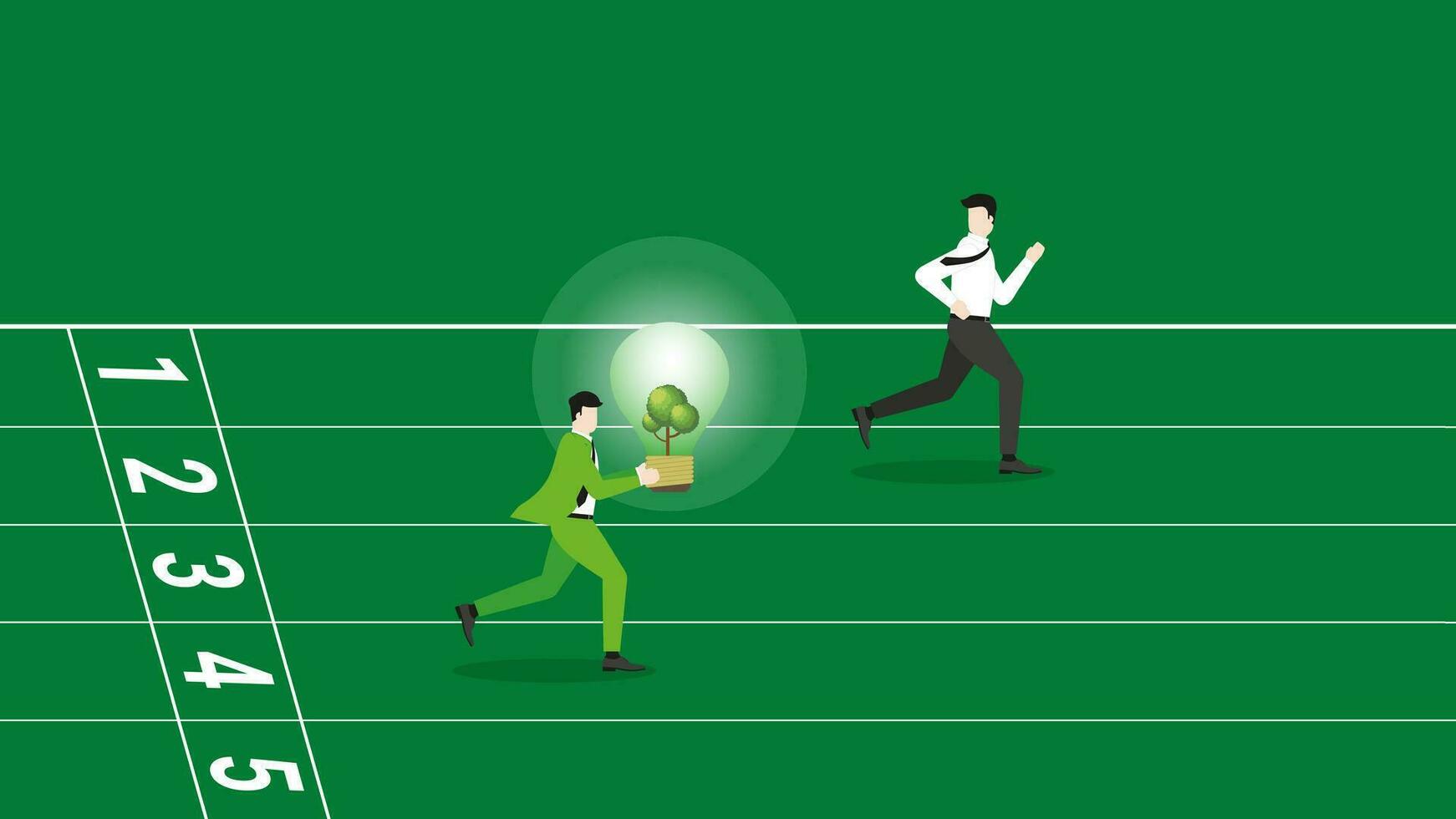 A lead businessman runs and holds a tree light bulb on a racetrack, attention from employee. vector