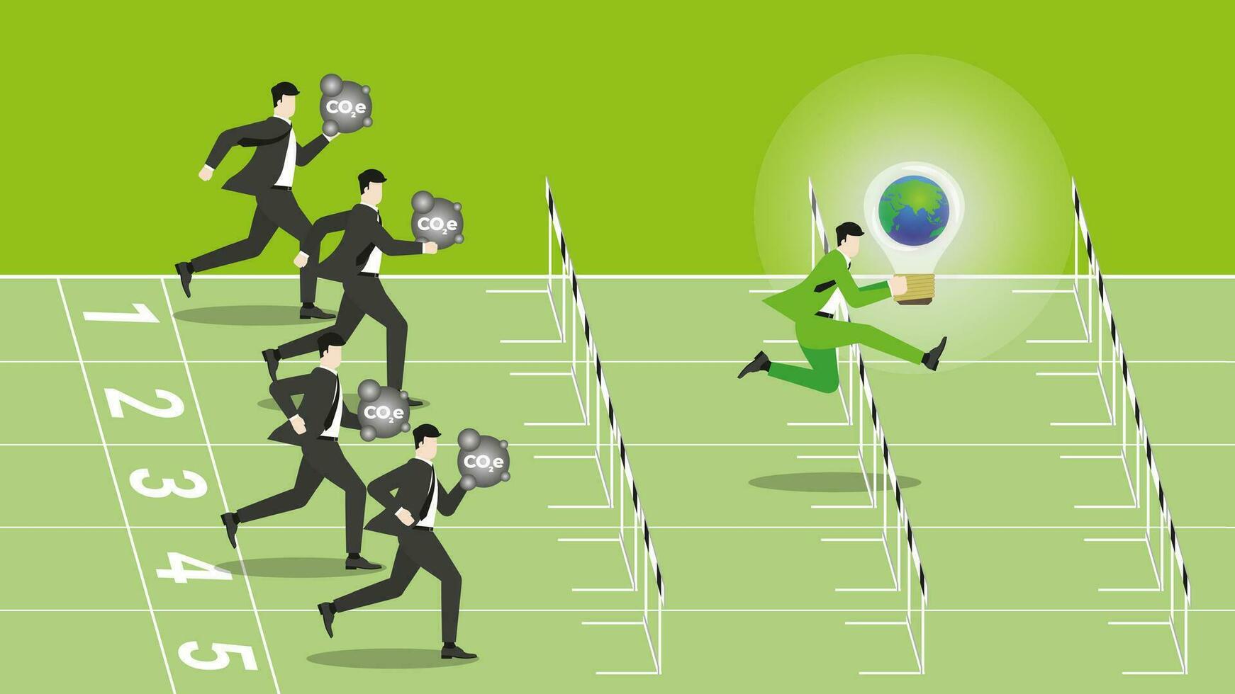 A businessman holds the world light bulb, runs and jumps over obstacles on a racetrack. vector