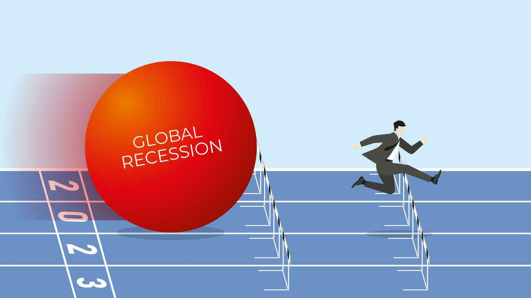 lobal recession concept in the year 2023. A businessman runs away and jumps from the big red ball vector