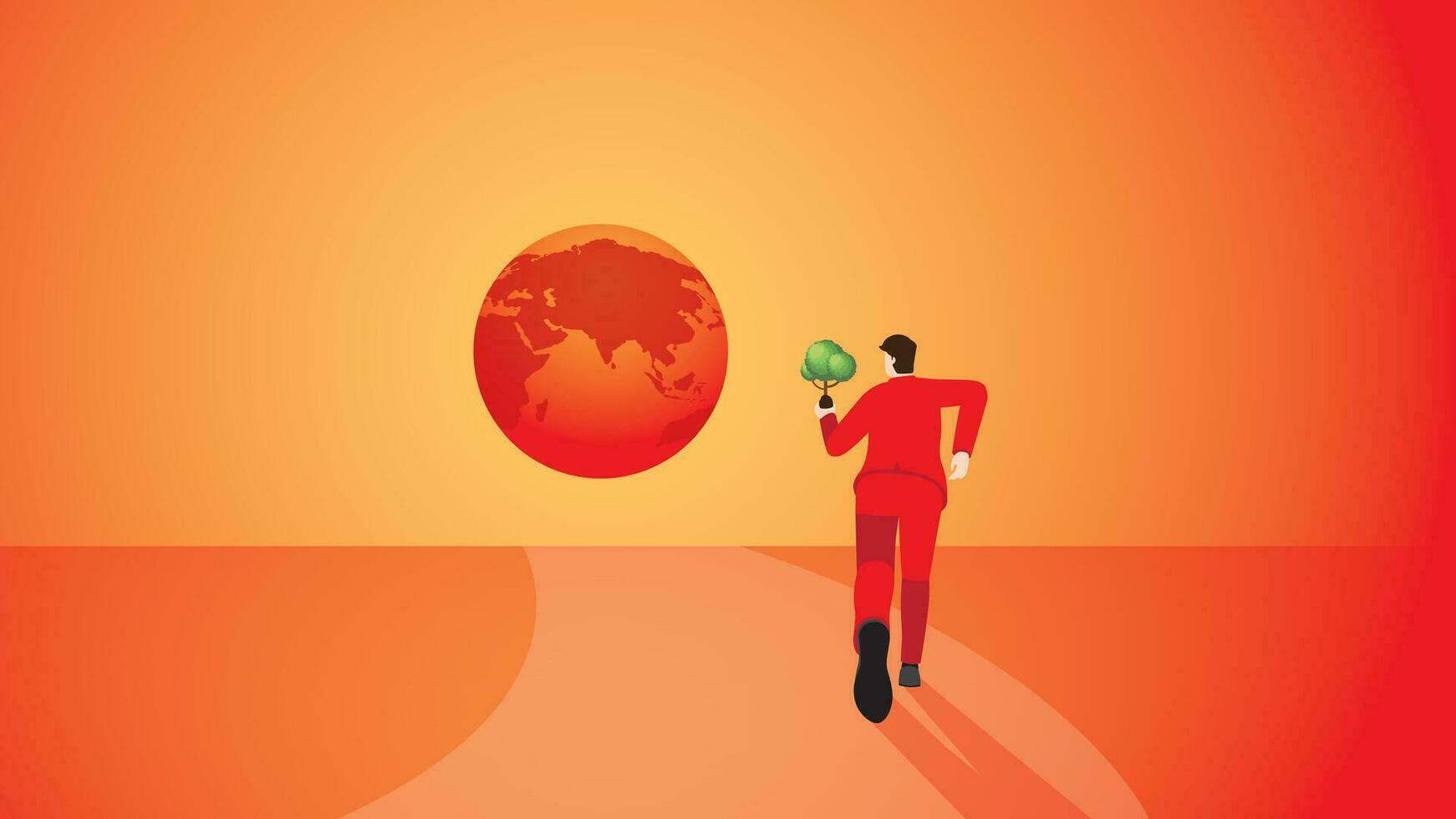 A back view of a man brings a tree to the red earth. vector