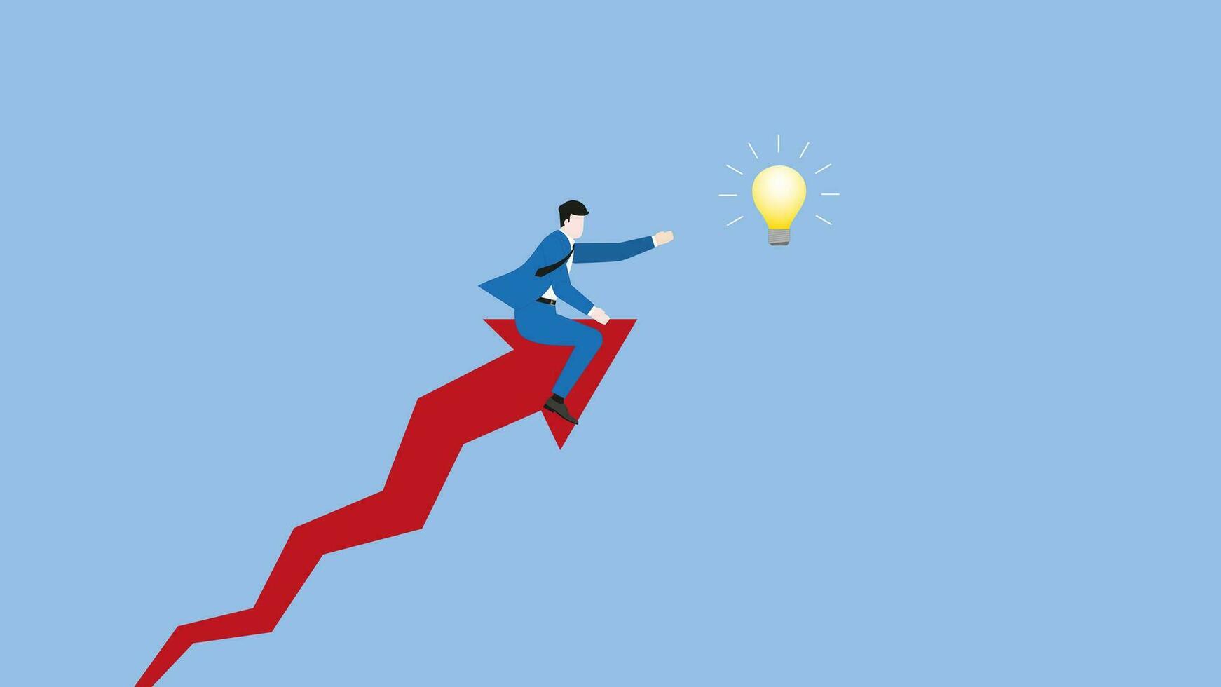 A businessman rides on a rising arrow rocket, reaching for a light bulb vector