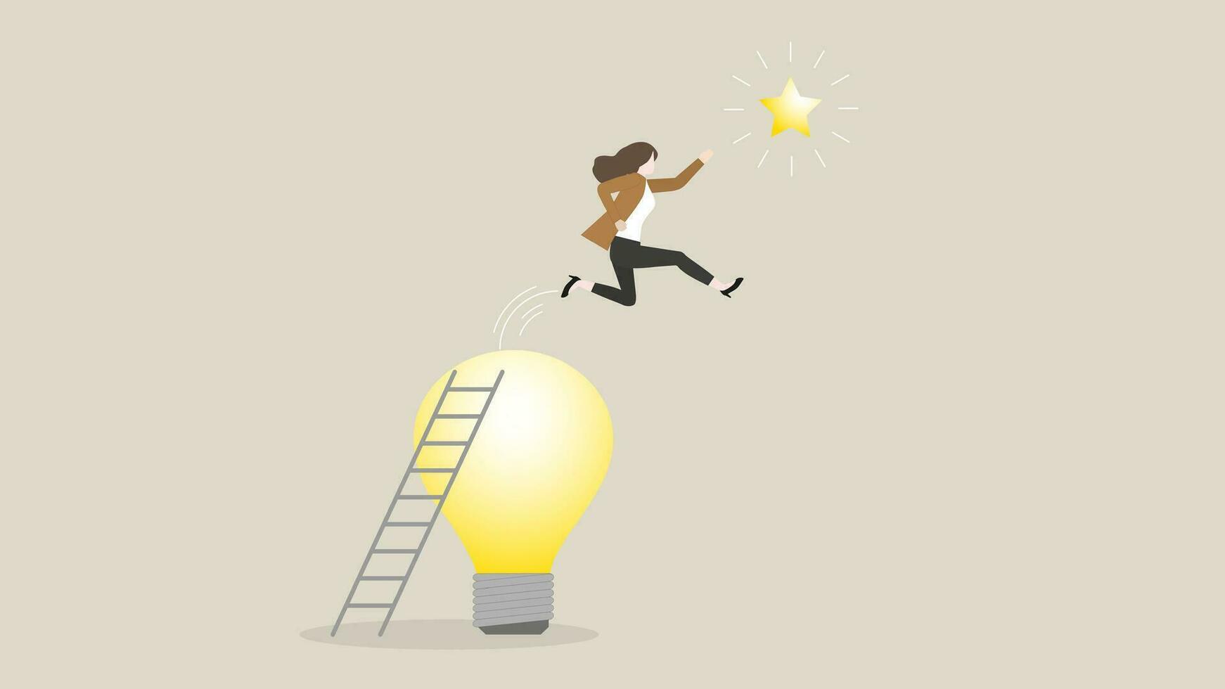 A businesswoman climbs up ladder and jumps from light bulb to grab a star vector