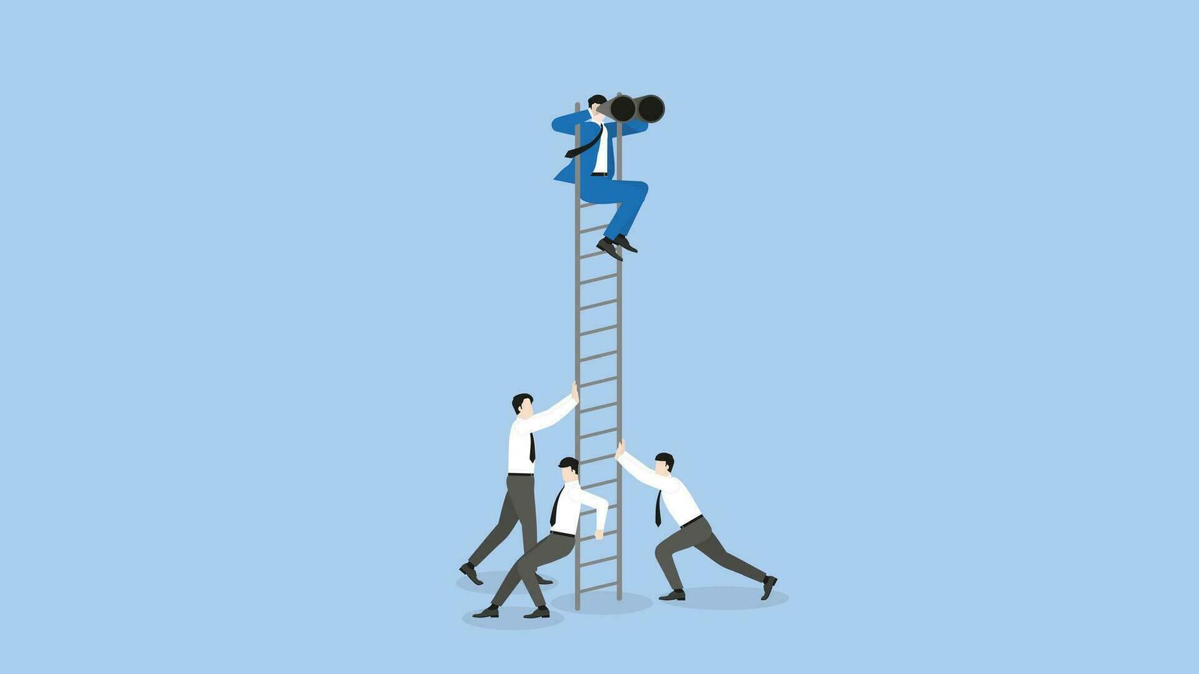 Searching for success. A visionary businessman uses binoculars on a  ladder with a supporting team vector