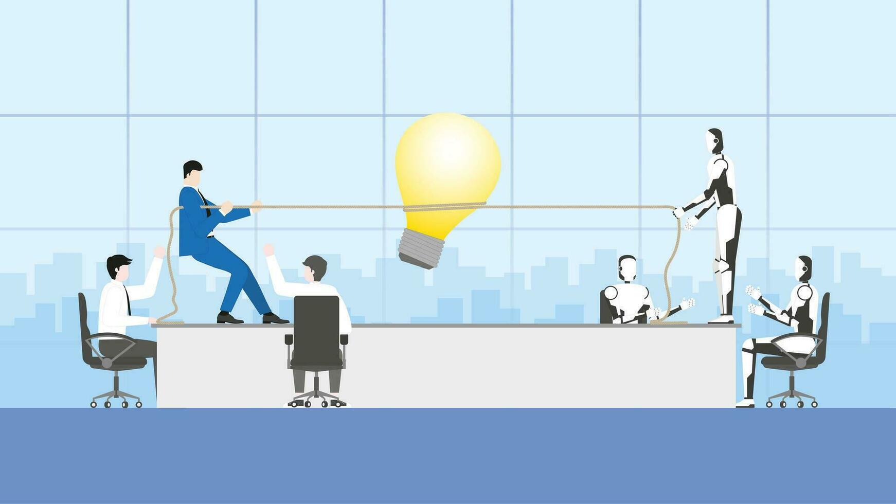People and cyborg pull a rope for a big light bulb in a meeting vector
