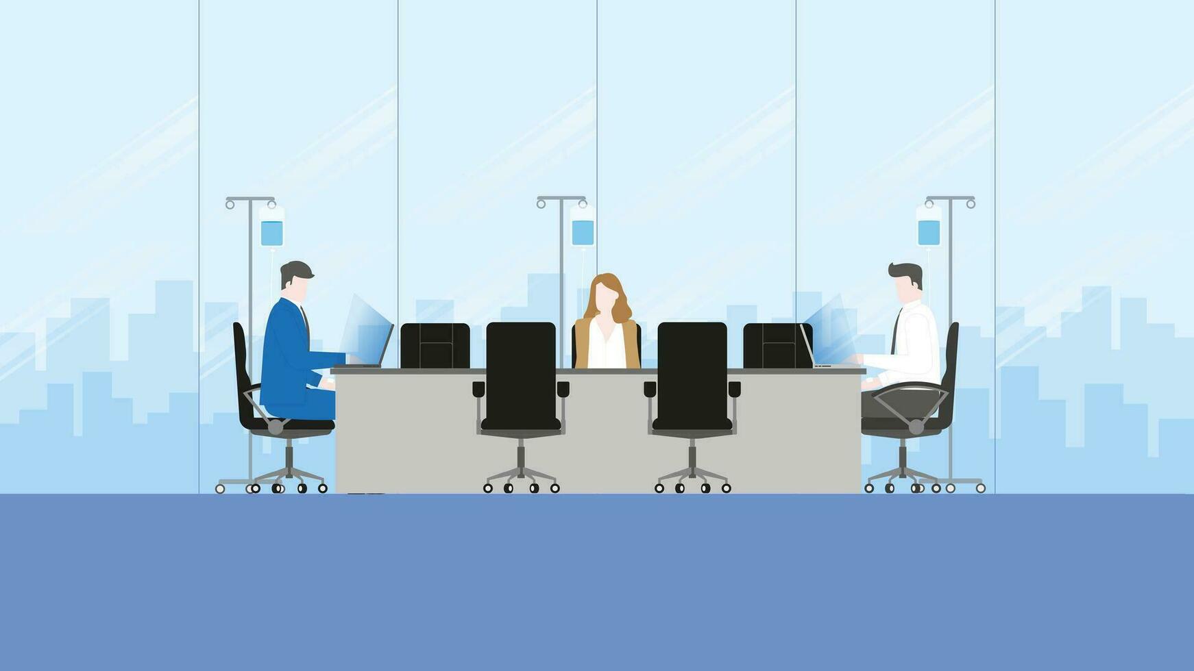 Sick business people working in an office meeting room with a saline solution medical drip bag vector