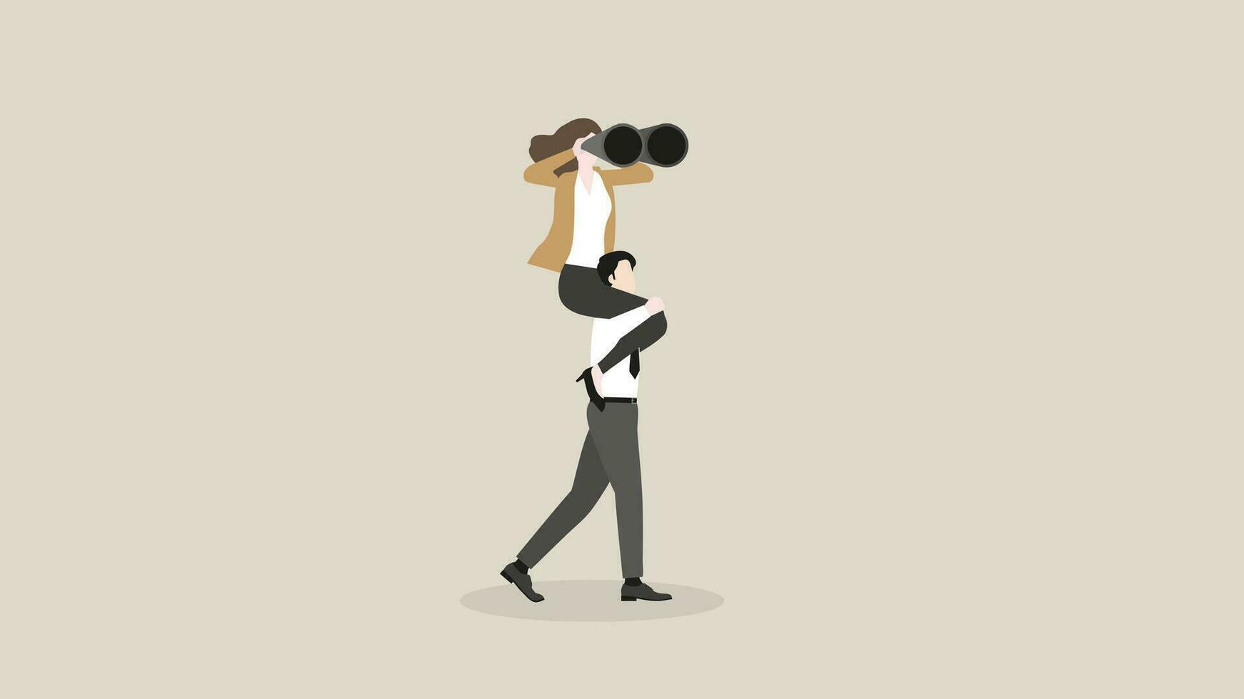 A visionary boss uses binoculars and rides piggyback on an employee team staff vector