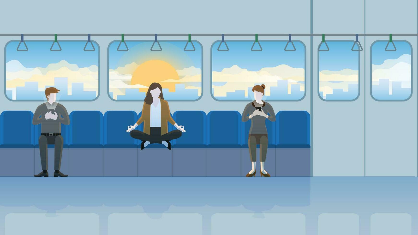 A calm businesswoman sits and meditates on train transportation between passengers vector