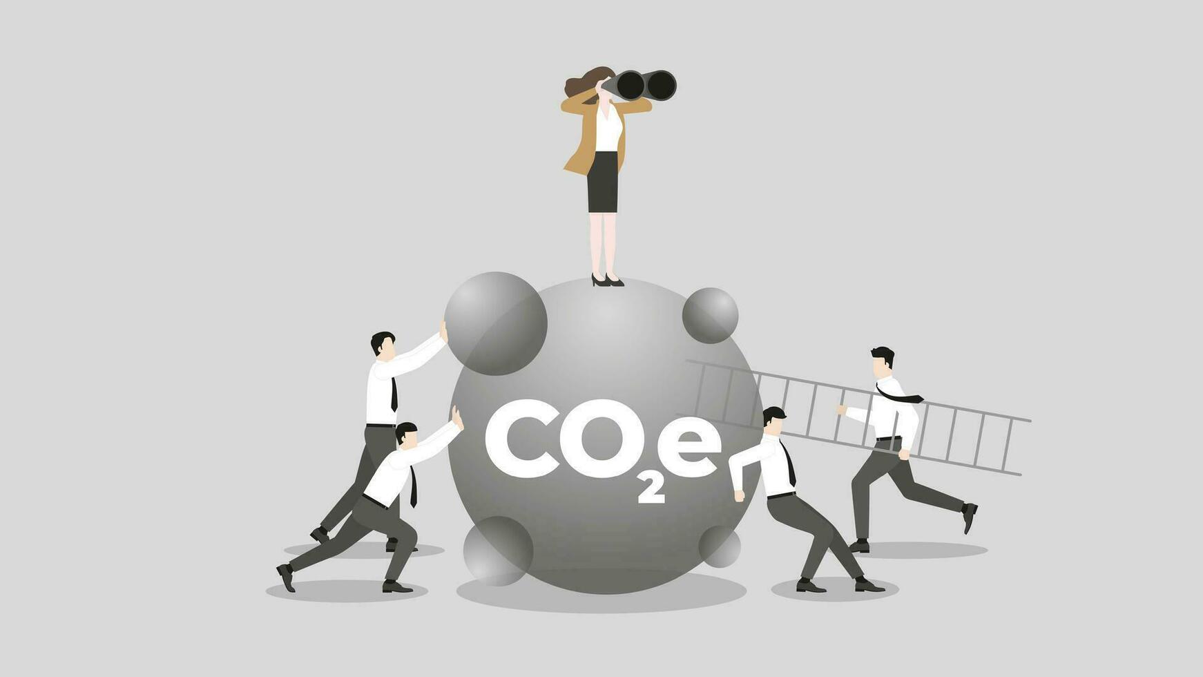 A vision businesswoman use binoculars on CO2e with team. vector