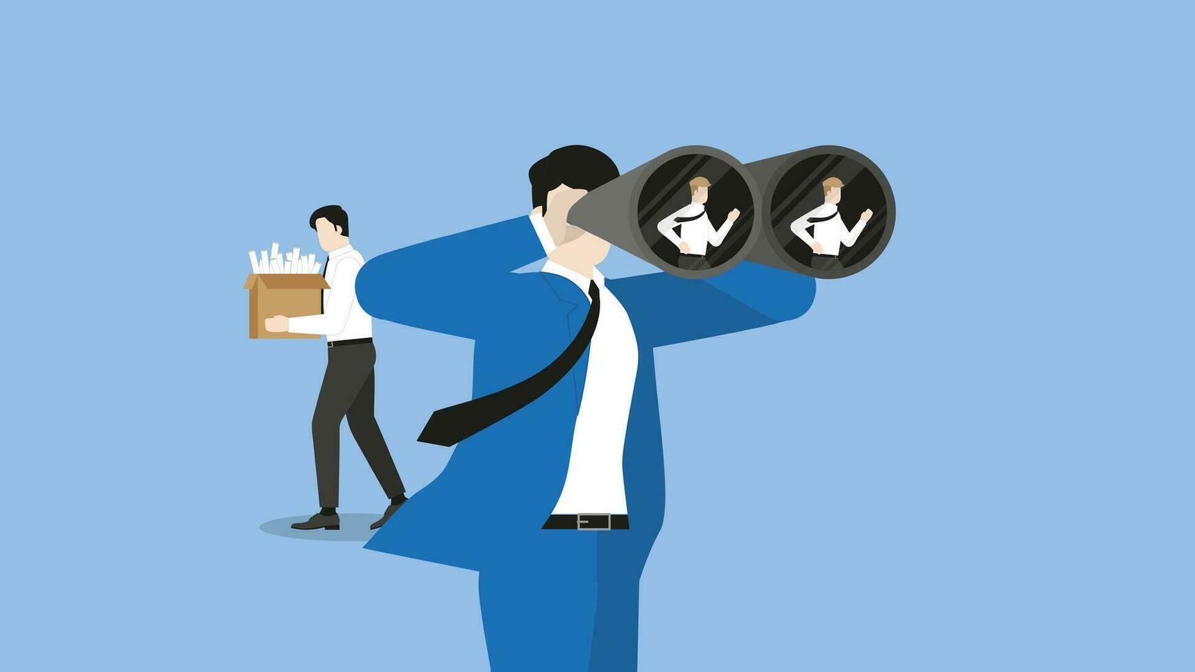 HR businessman uses binoculars to find a candidate for a resigned or fired company employee vector