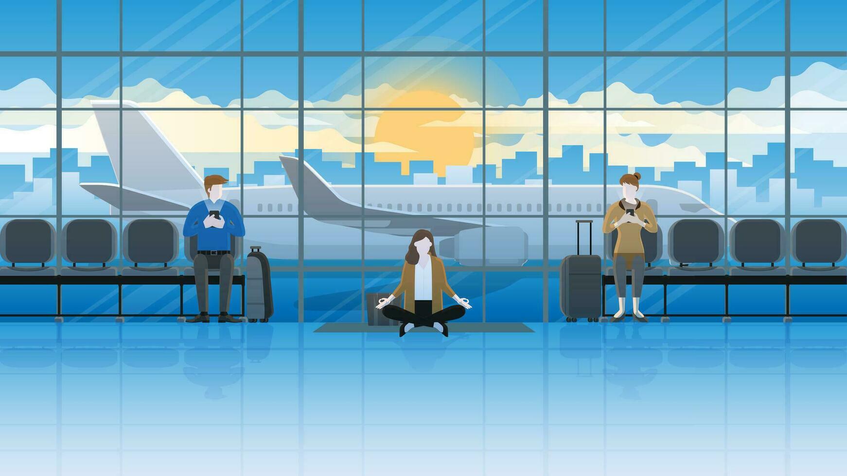 Alone calm businesswoman sits and meditates at an international airport terminal, between passengers vector