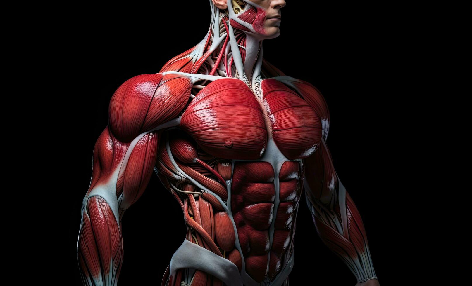 humano cuerpo anatomía con músculo mapas aislado en negro antecedentes. 3d representación, aptitud modelo con abdominales de pie, parte superior sección recortado, frente vista, detallado músculos, ai generado foto