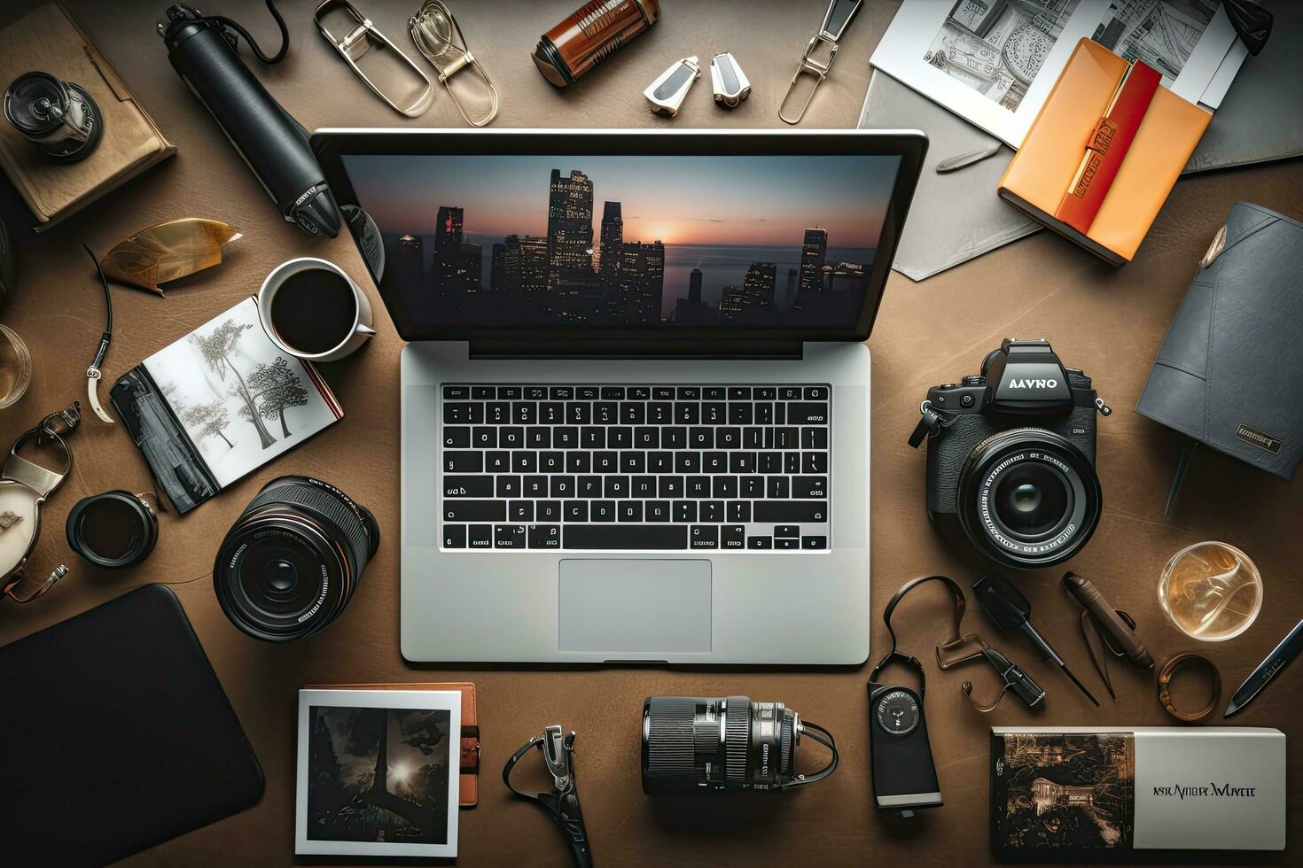 Photographer workspace with laptop, camera and accessories on brown background. Top view, Flat lay of photographer's desk with laptop, camera and accessories, AI Generated photo