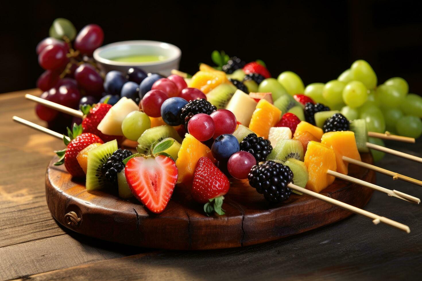 Fruit skewers on a wooden board on a dark background, Fruit skewers on a wooden table. Fresh fruits and berries, AI Generated photo