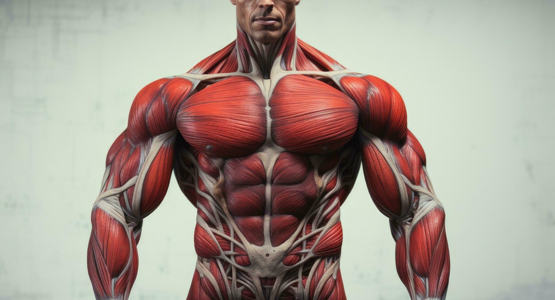 muscular hombre con rojo músculo en un blanco fondo.3d representación, aptitud modelo con abdominales de pie, parte superior sección recortado, frente vista, detallado músculos, ai generado foto