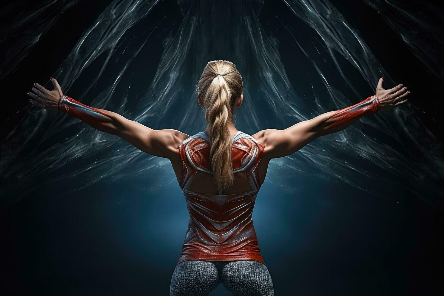 Sporty blonde woman in red sportswear posing on dark background, Fitness girl rear view with arms stretched out, detailed muscles, AI Generated photo