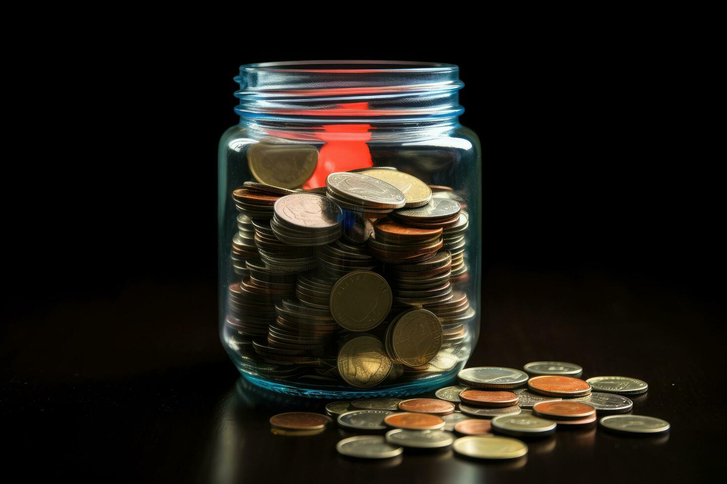 Coins in glass jar on black background. Saving money concept, Finance concept - Malaysia Ringgit Coins in a jar with Malaysia Flag, AI Generated photo