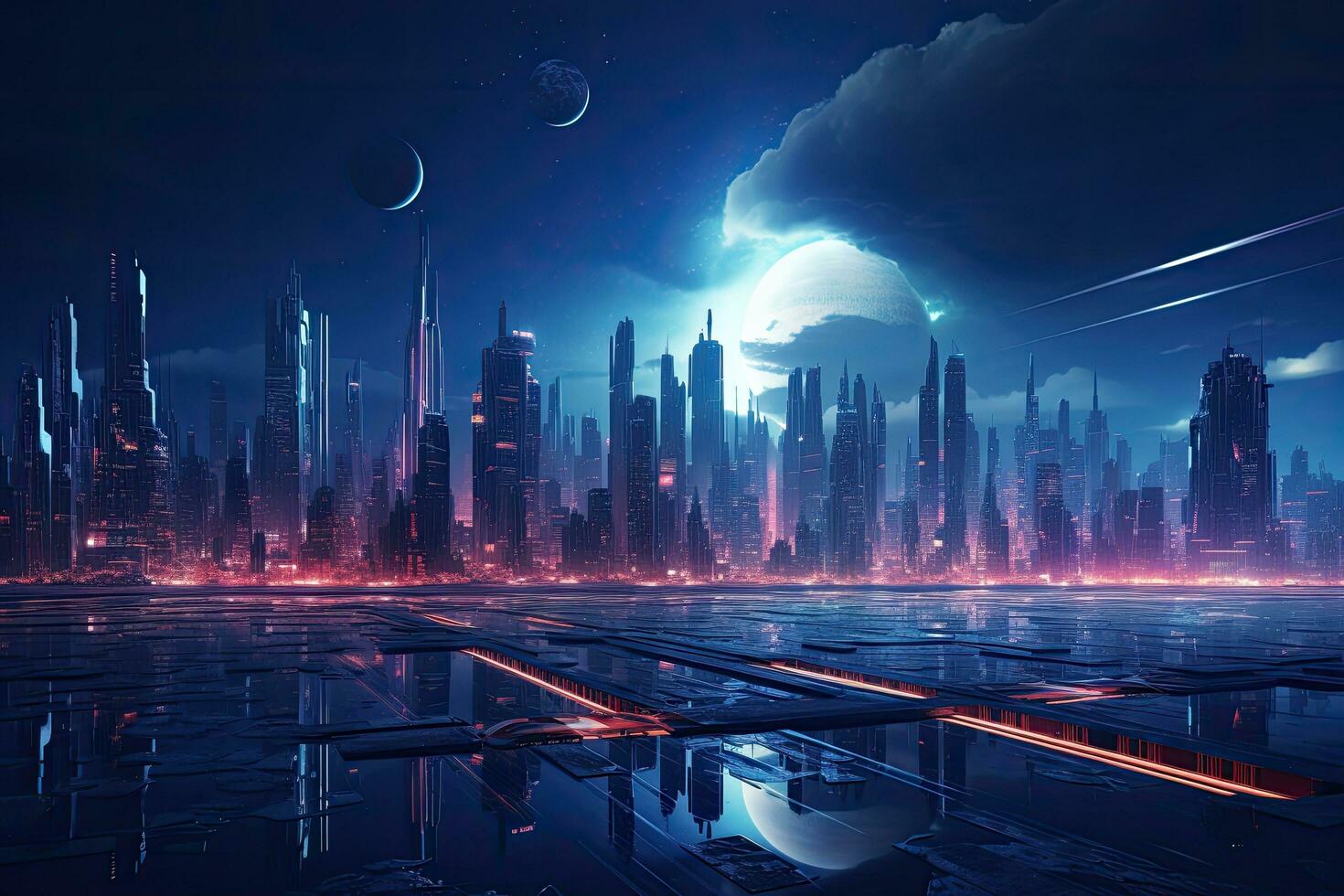 Futuristic city at night with full moon. 3d rendering, Futuristic city at night, 3D rendering. Computer digital drawing, AI Generated photo