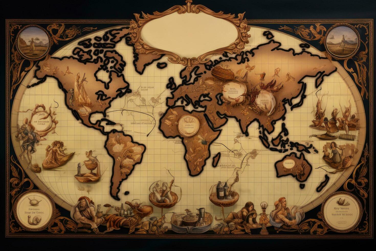 Old map of the world on a dark background. Vintage style, Follow the spice trails with a map highlighting the origins of aromatic treasures from around the world, showcasing cultural, AI Generated photo