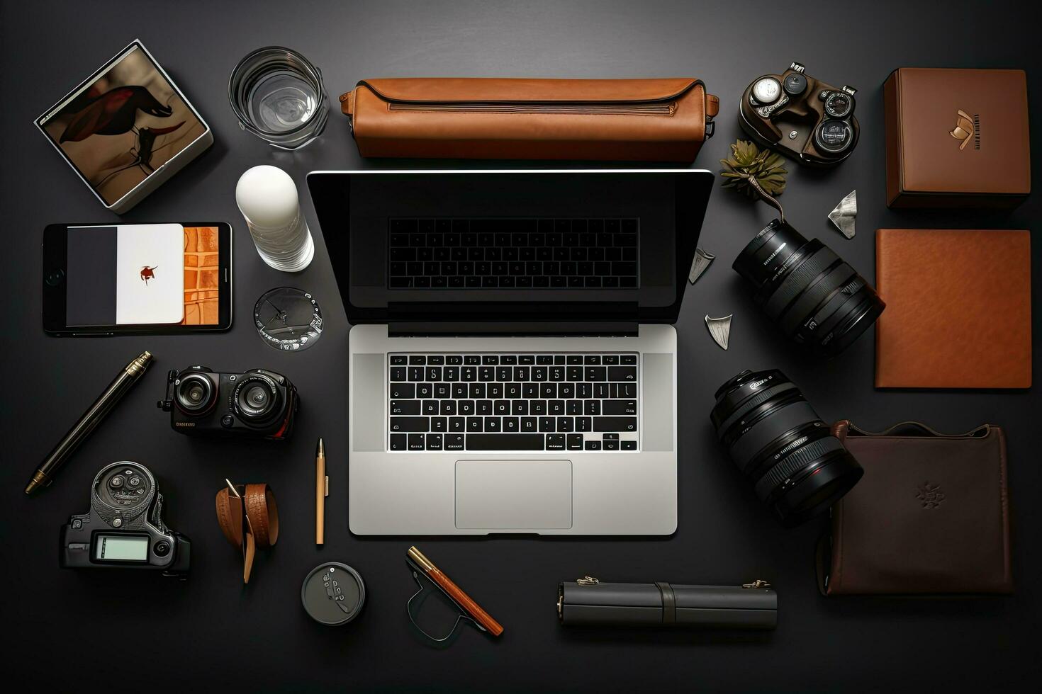 Top view of photographer workspace with laptop, camera and accessories on black background, Flat lay of photographer's desk with laptop, camera and accessories, AI Generated photo