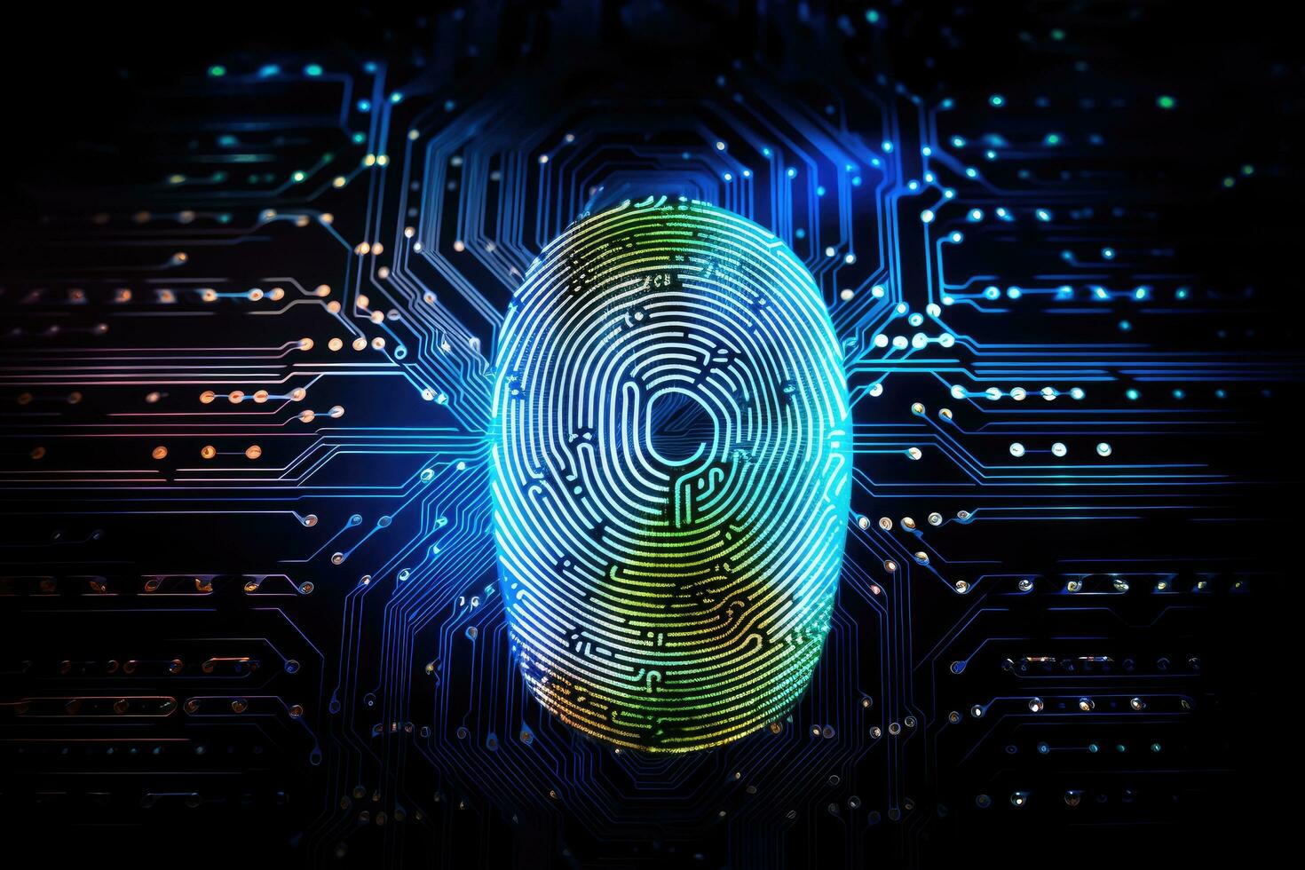 Fingerprint on electronic circuit board. Biometric security concept. 3D Rendering, Fingerprint scan provides security access with biometrics identification, AI Generated photo