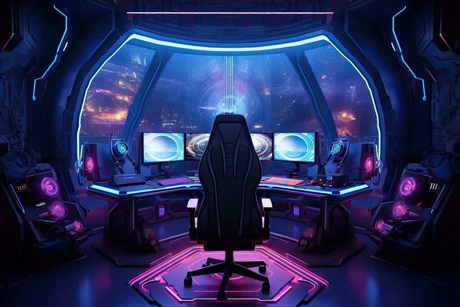 Dark spaceship interior with glowing lights, 3d rendering toned image, Futuristic gaming room with a lot of gaming equipment. 3d rendering, AI Generated photo