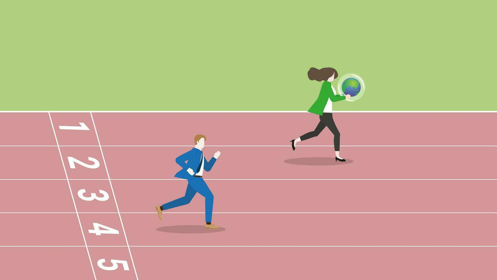 un líder mujer de negocios sostiene tierra y rivalidad son competir correr en un pista. vector