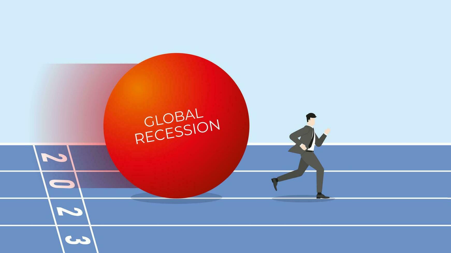 global recesión concepto en el año 2023. un empresario carreras lejos desde el grande rojo pelota vector