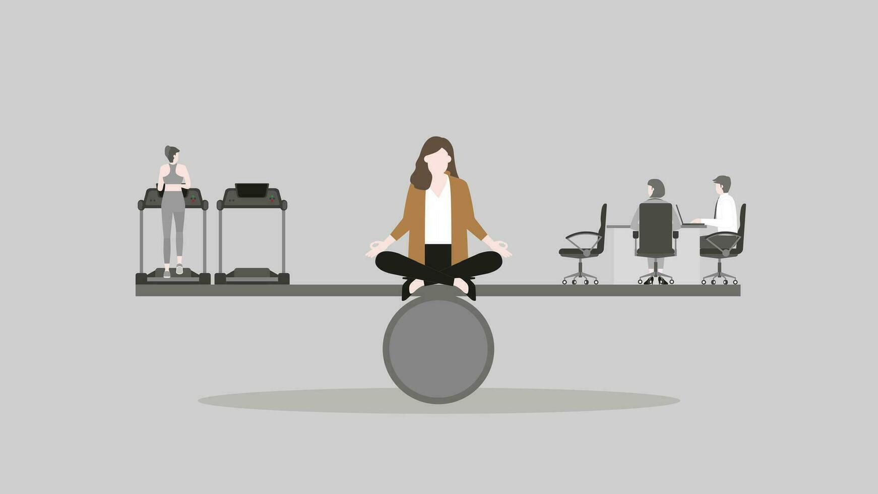 trabajo vida equilibrar concepto. un meditación mujer se sienta y piensa a el centrar de balancín haz Entre ejercicio corriendo en rueda de andar y oficina reunión vector