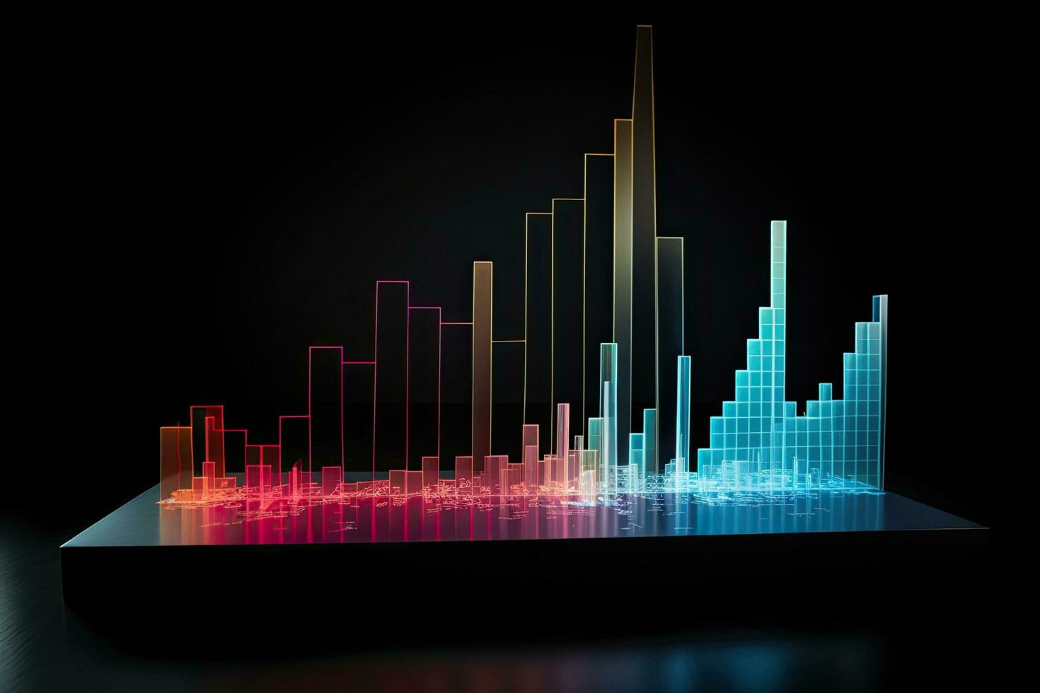 abstract glowing bar chart on a dark background. 3d rendering, Financial graph chart hologram on a Black background, AI Generated photo