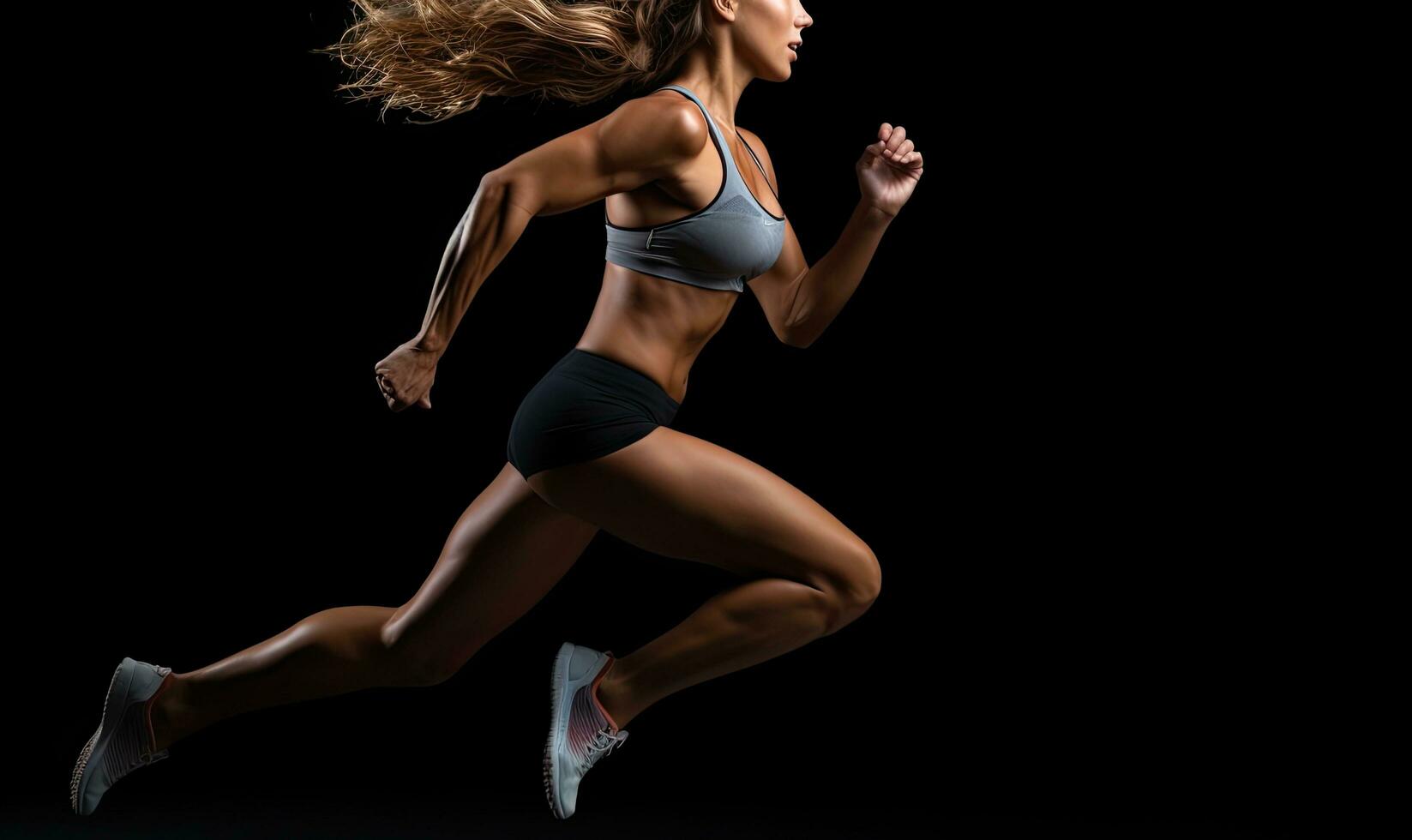 Athletic young woman running on black background. Sport and healthy lifestyle, Fitness girl exercising with dumbbells on a Black background, top section cropped, no face revealed, AI Generated photo