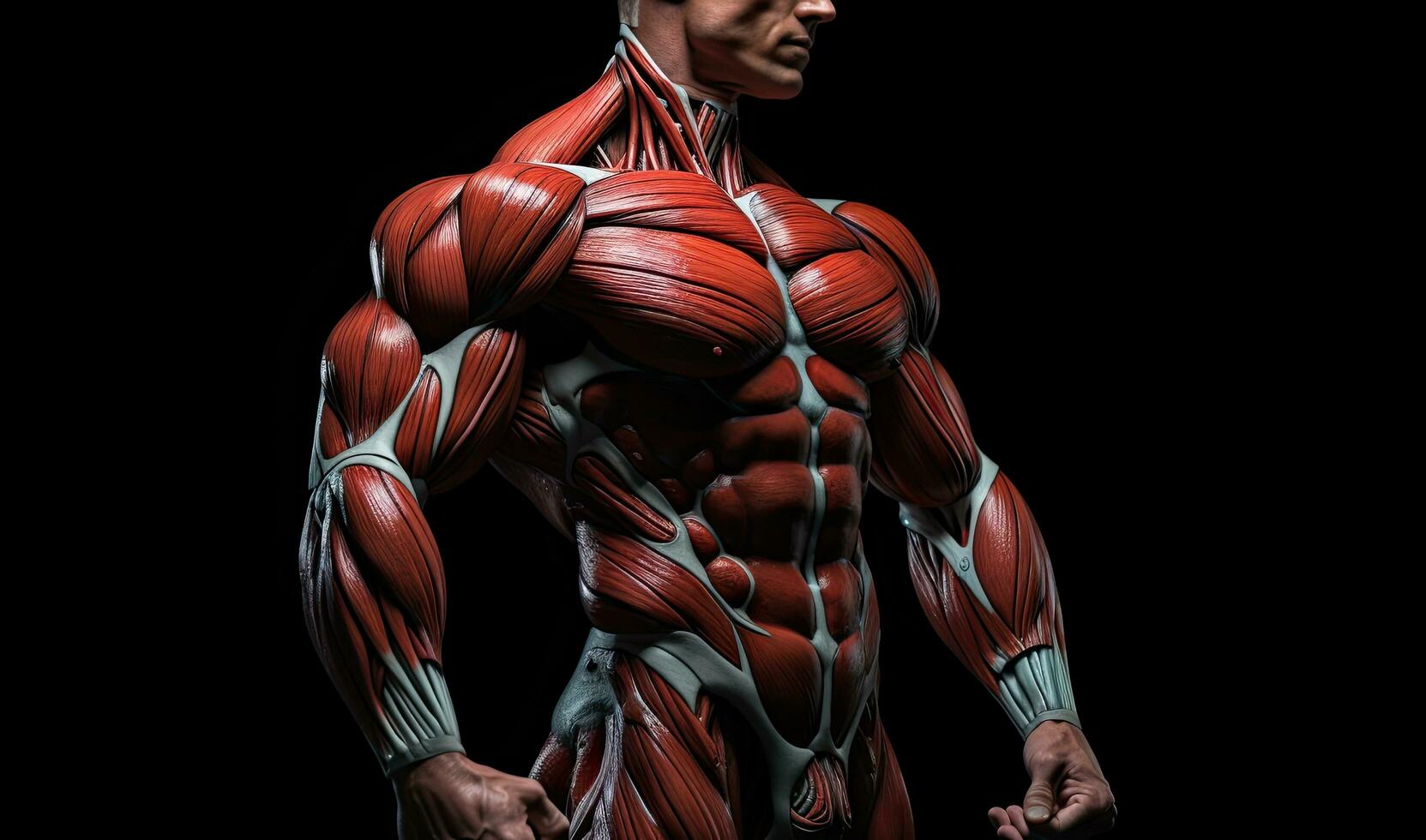 humano músculo anatomía - masculino muscular cuerpo aislado en negro fondo, aptitud modelo con abdominales de pie, parte superior sección recortado, frente vista, detallado músculos, ai generado foto