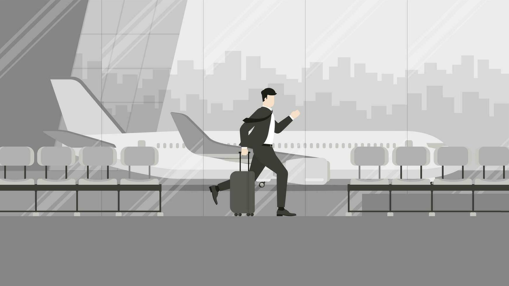 Business trip, a businessman runs to a flight at an international airport terminal. vector