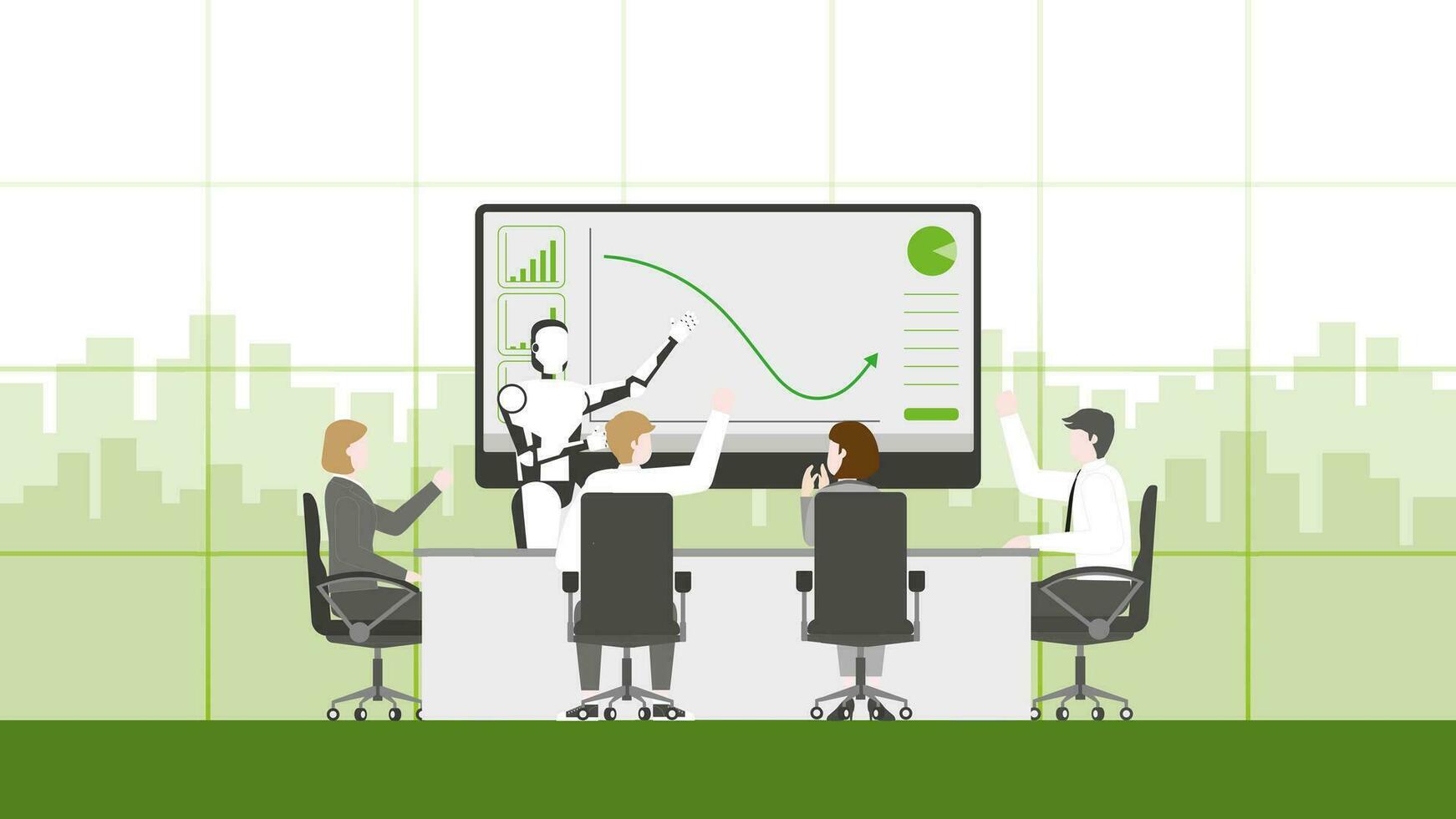 Teamwork enjoying a green graph grow up profit data by AI technology system. vector