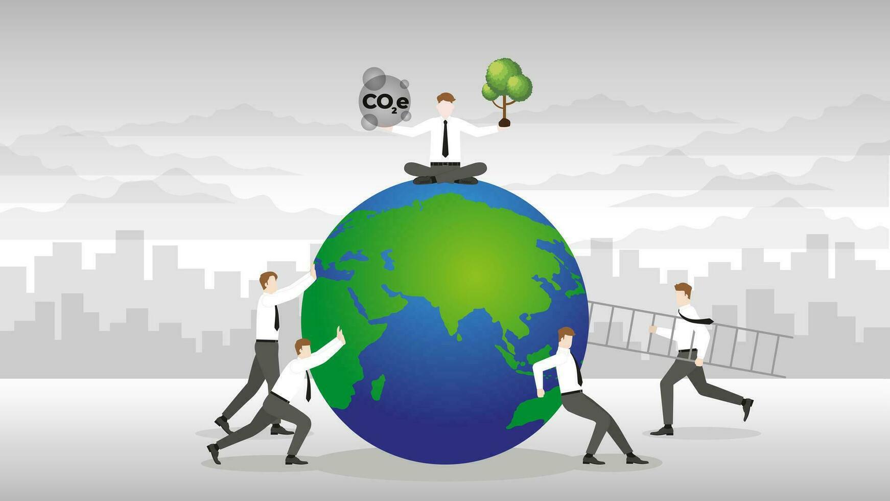 Business teamwork helps the world by planting a tree. vector