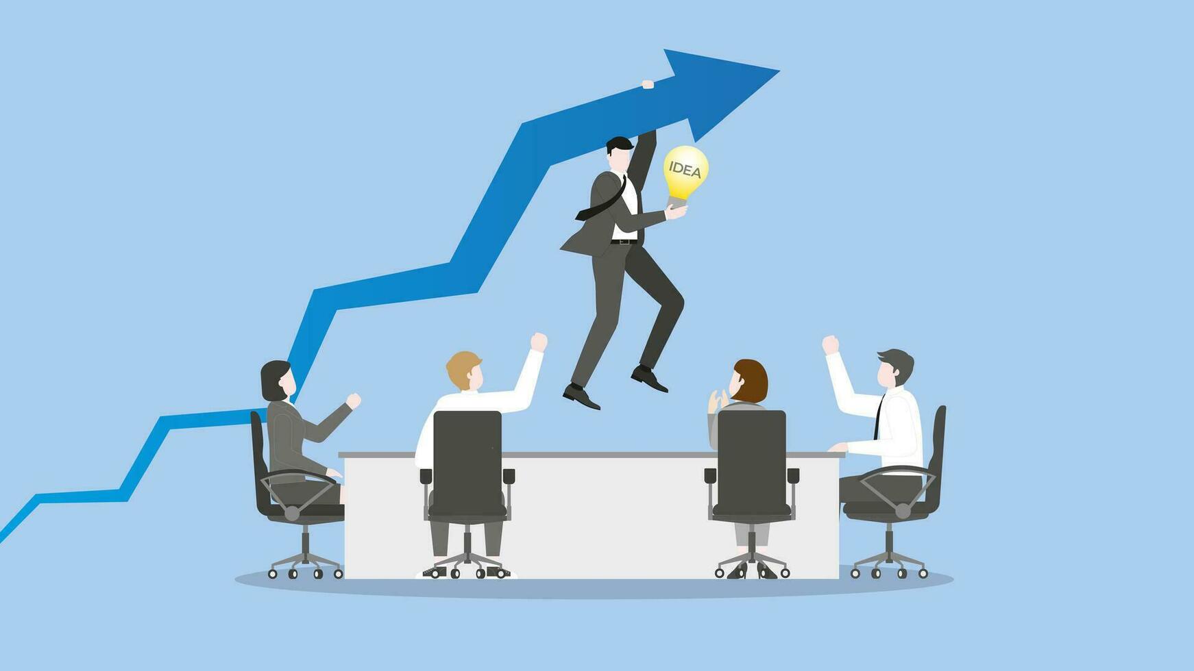 A boss hangs a rise blue arrow with a light bulb at a teamwork meeting. vector