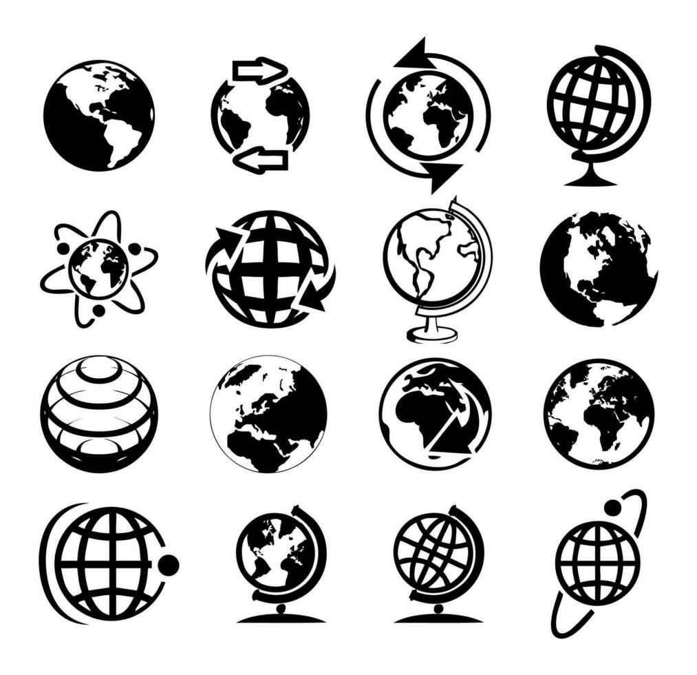 Vector Earth globe icons set, international tourism globe symbol.