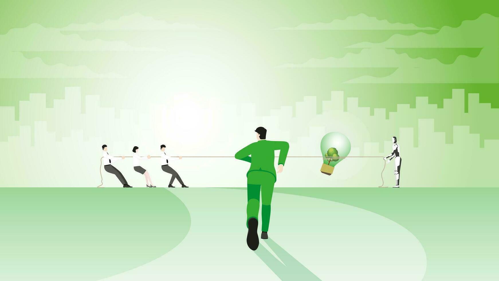 Back view of businessman runs to target goal. help a team pull a rope in a tug of war with AI. vector