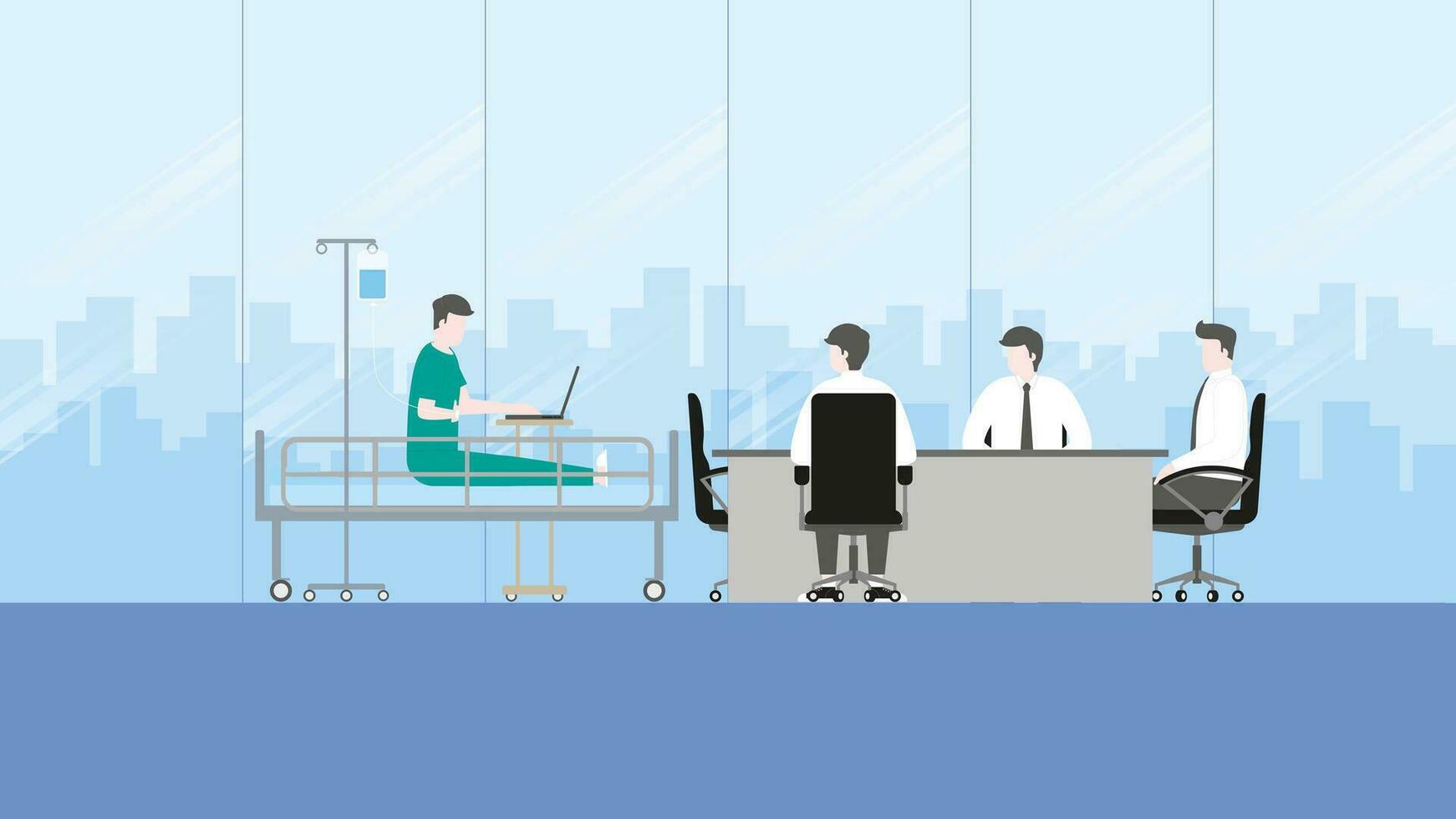 A sick businessman works on hospital bed with a saline solution medical drip bag in office meeting room vector