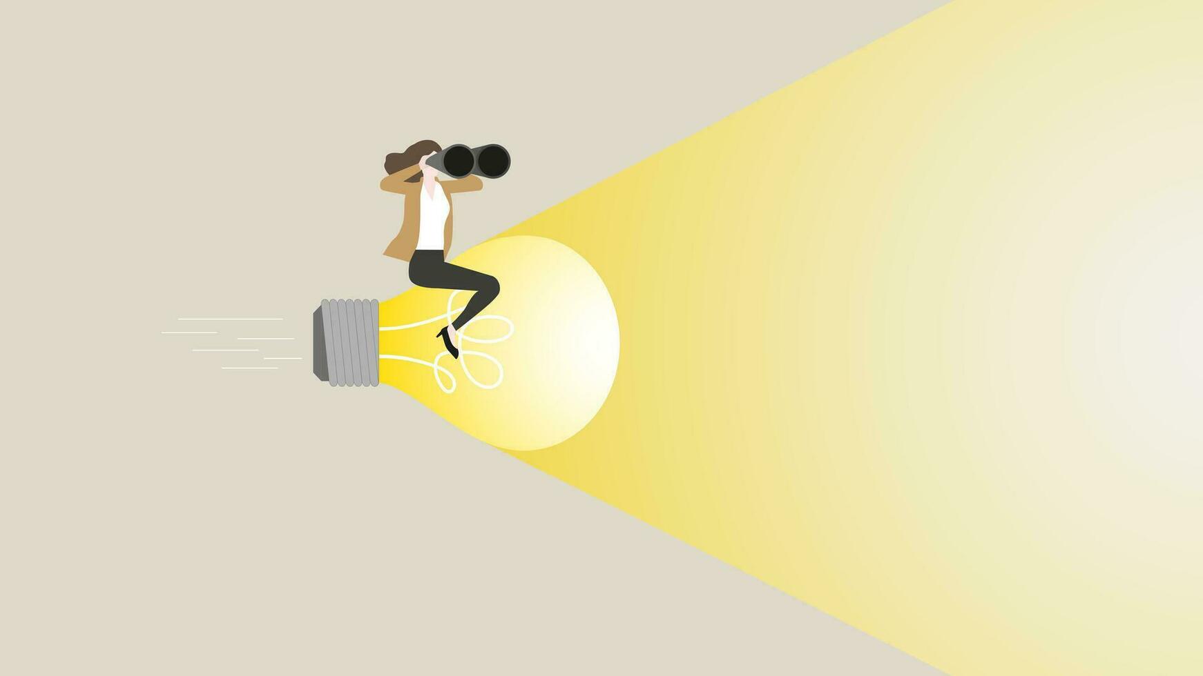 A businesswoman uses binoculars ride a big light bulb rocket vector