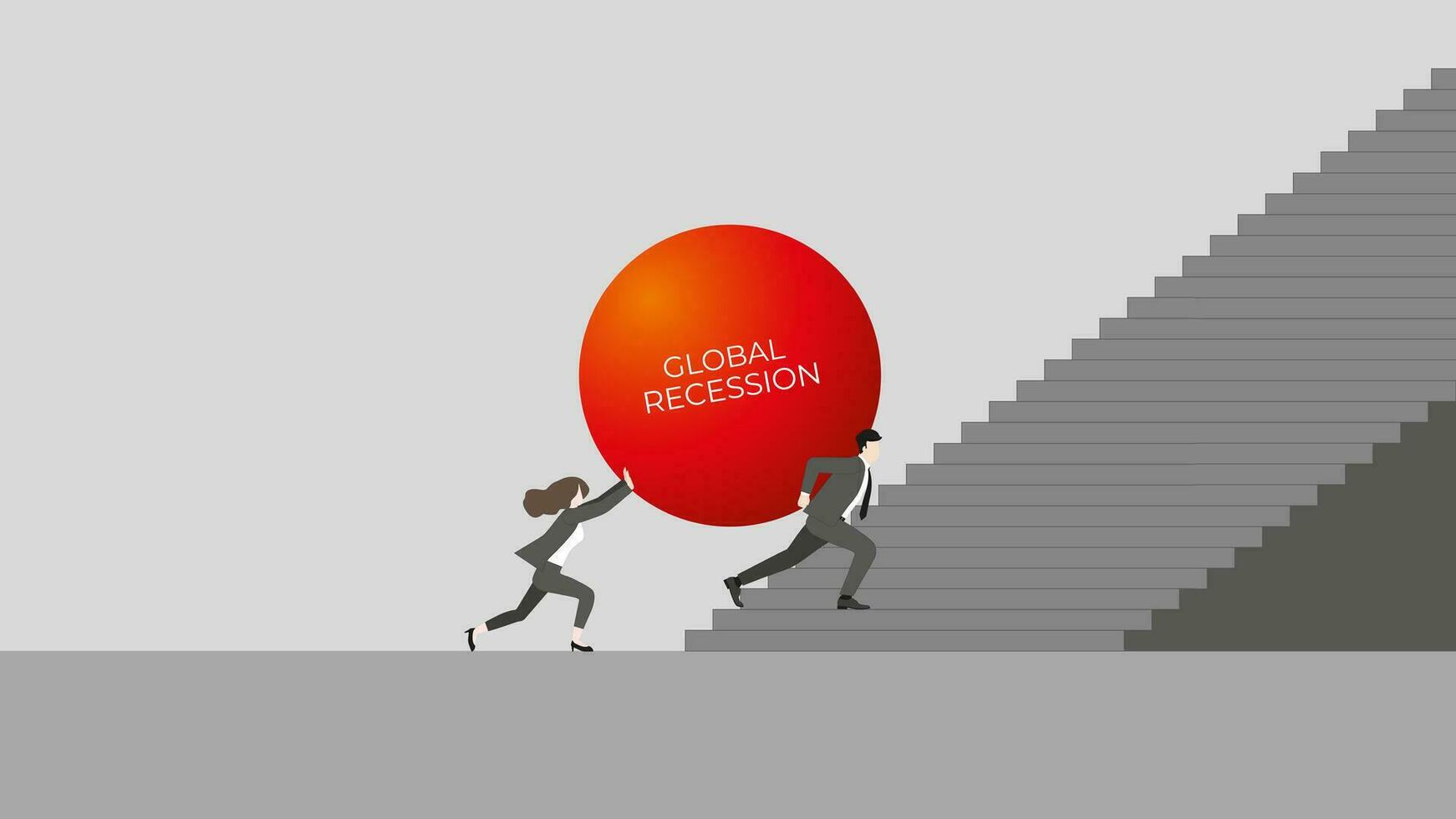 A businessman and businesswoman push a big red ball. Step up a stair as a team vector