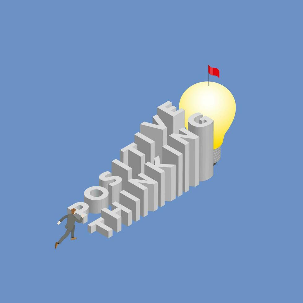 Businessman runs and steps up a stair, a staircase is text word POSITIVE THINKING vector