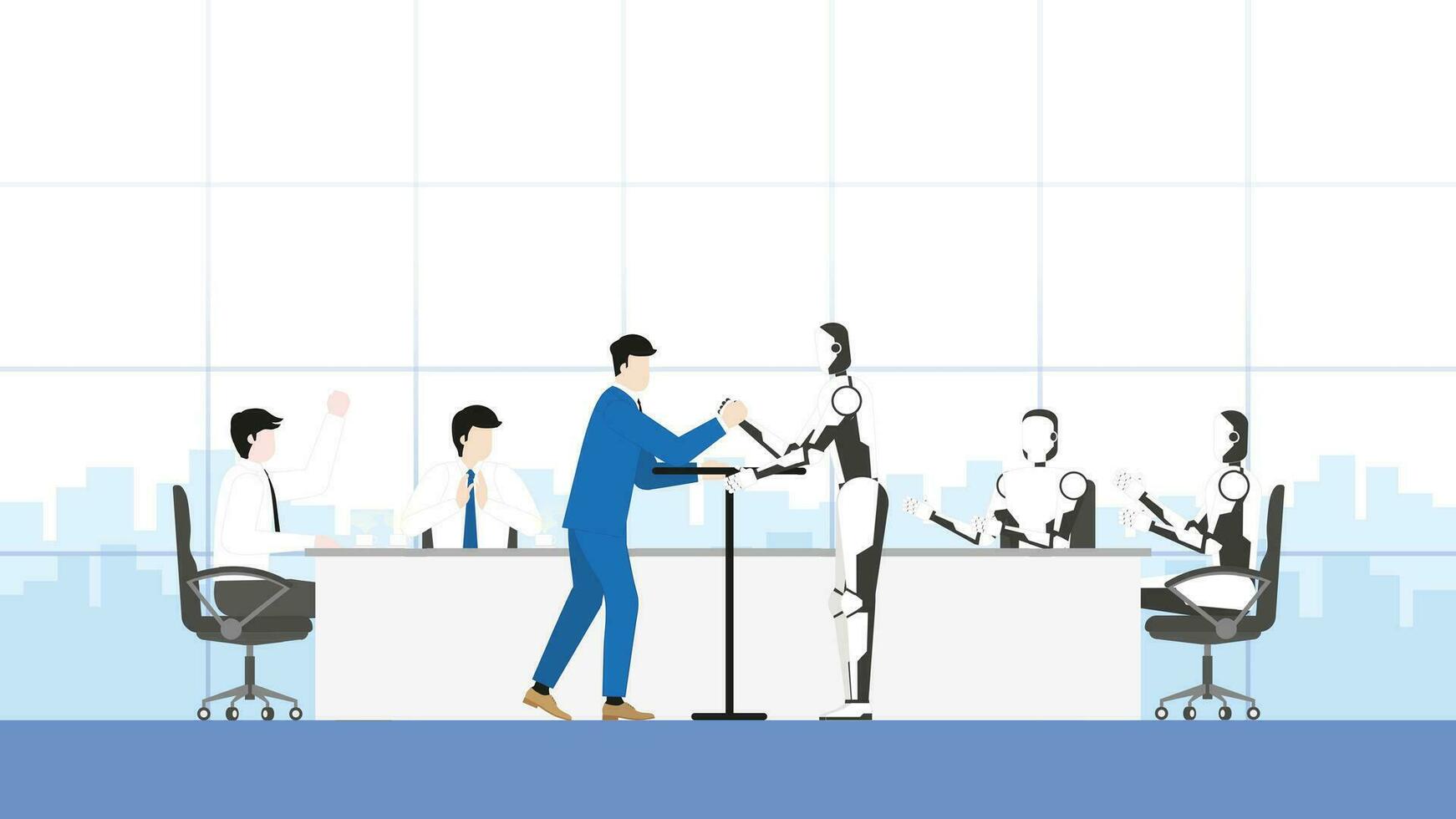 Business competition and cyber technology confrontation concept. A businessman and a robot fight arm wrestling in an office workplace vector