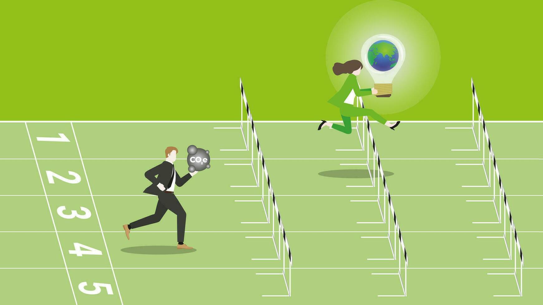 Businesswoman holds the world light bulb, runs and jumps over obstacles on a racetrack. vector