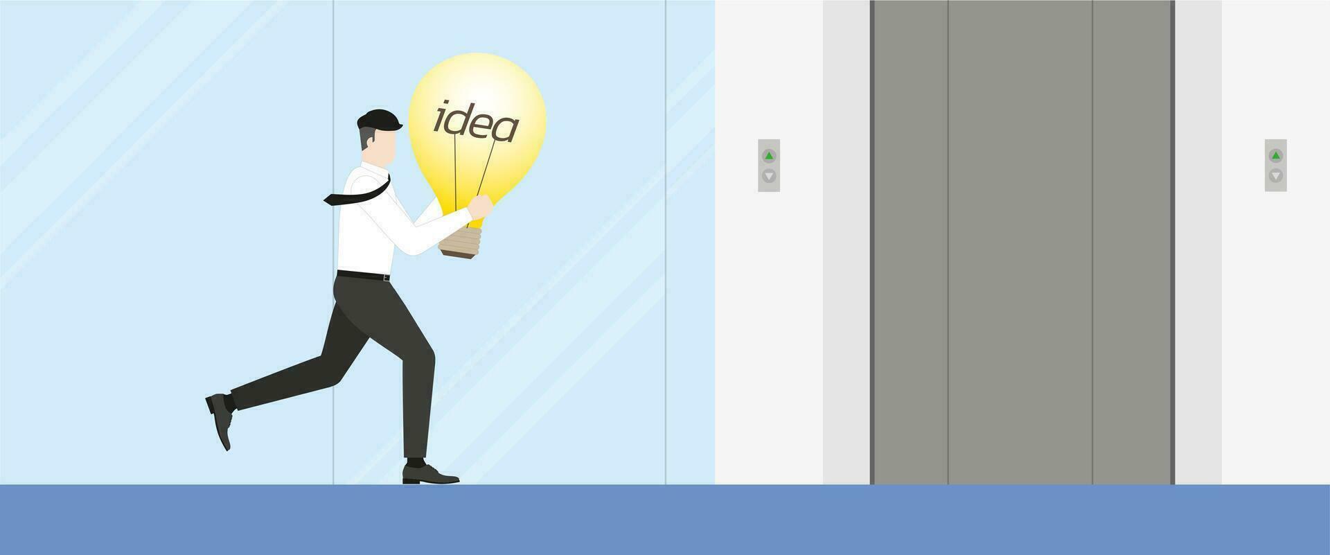Businessman, employee, and office people run to an elevator with a light bulb vector