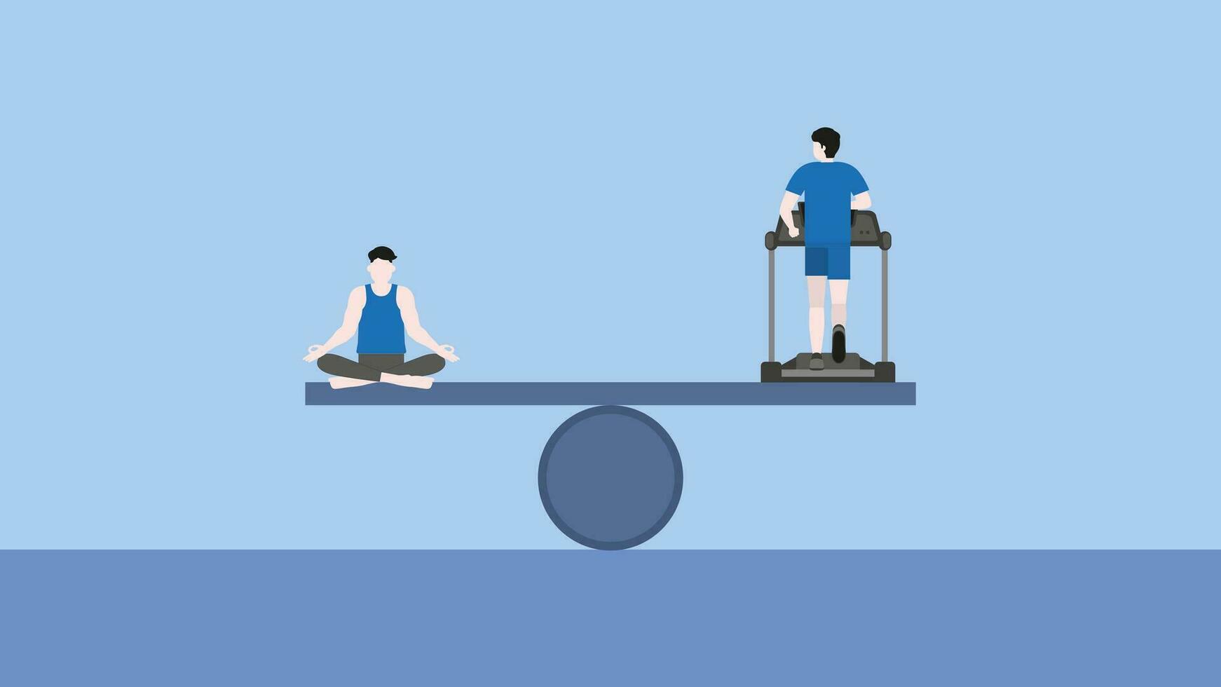 mantener un equilibrar de cuerpo y mente. histérico fuerza es el ejercicio de corriendo en un rueda de andar con el otro lado un hombre sesión, meditando, siendo consciente de, saber el respirar. vector