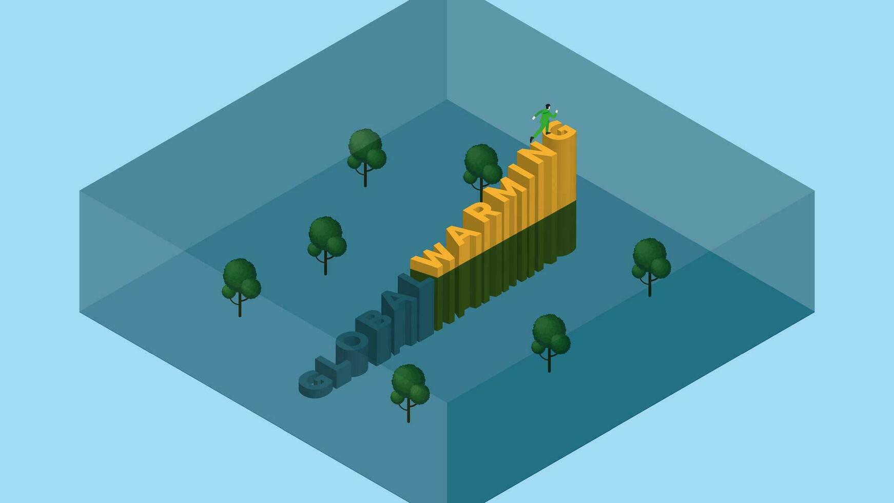 sea level rise, flood, climate change, greenhouse effect, deforestation. A man runs and steps up a text word GLOBAL WARMING with trees underwater. vector