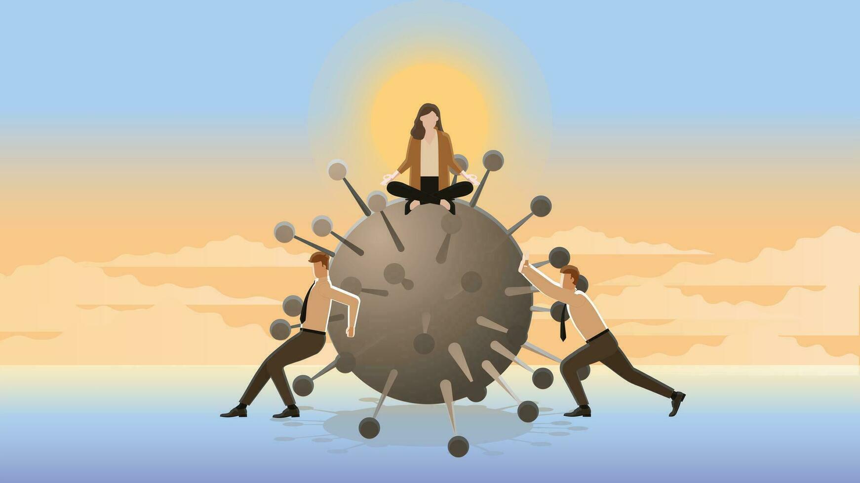 A calm businesswoman sits and meditates on a big virus with employee teamwork support vector